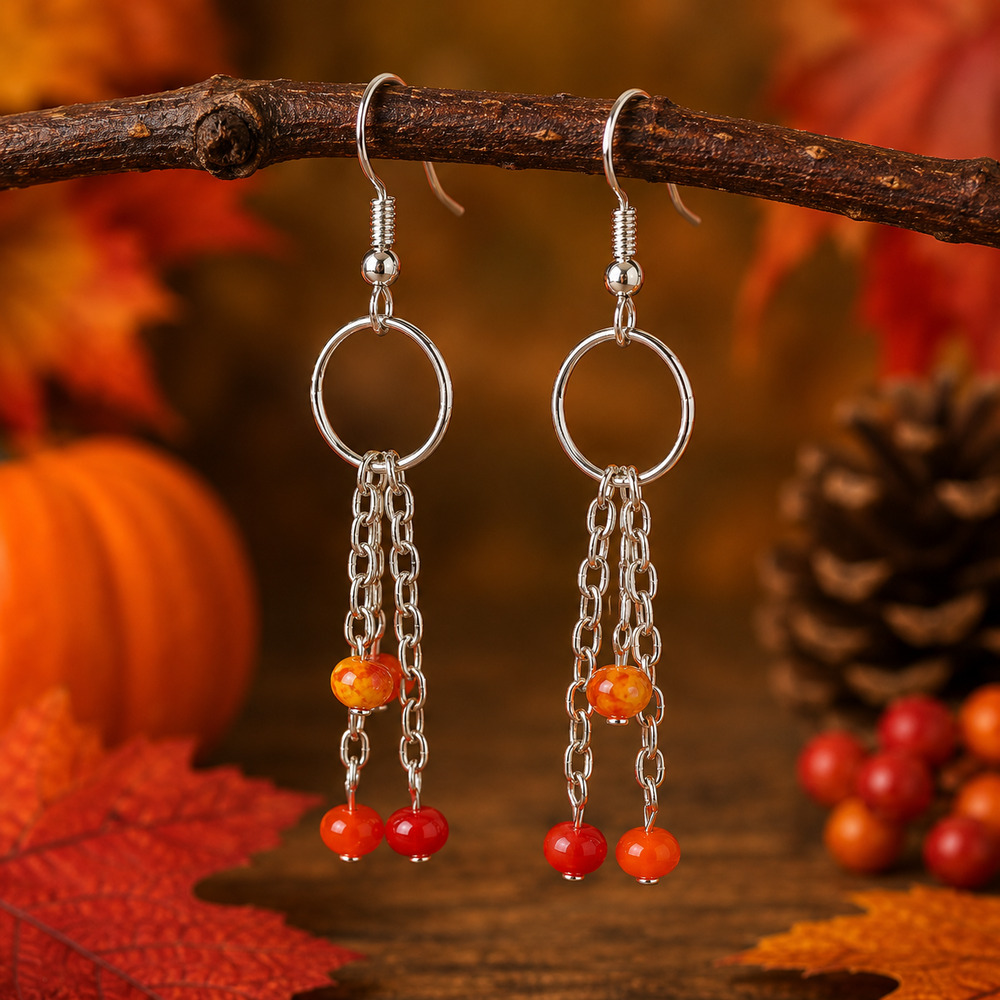 Orange Triangle Swirl Chain Silver Plated Fishhook Earrings #H58